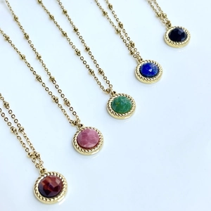 Vintage 14K Gold Plated Stainless Steel Natural Stone Pendant Necklace Round Faceted Gemstone Satellite Chain For Women Jewelry