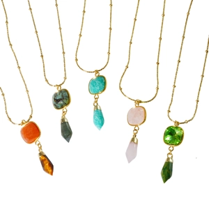 Luxurious gold beaded necklaces with natural square stone and crystal bullet pendants