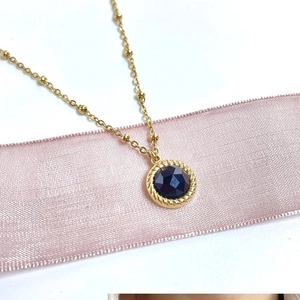 Vintage 14K gold plated stainless steel necklace with faceted blue gemstone pendant