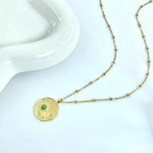 14K gold plated stainless steel coin necklace with green natural stone and sunburst pattern