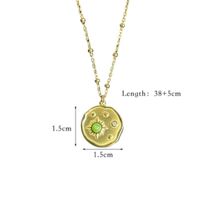 14K gold plated stainless steel coin necklace with green natural stone and ball chain