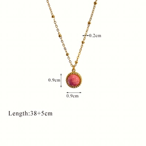 14K gold plated necklace featuring a round pink natural stone pendant with twisted border