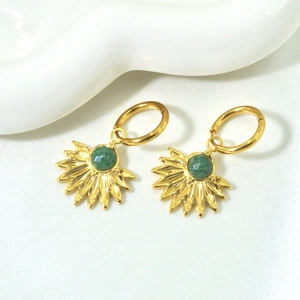 Vintage Gold Plated Alloy Natural Stone African Jade Sunburst Leaf Dangle Hoop Earrings For Women Bohemian Jewelry Gift