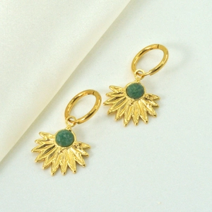 Gold plated hoop earrings with green gemstone leaf pendant in vintage light luxury style