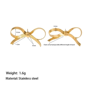 Golden stainless steel bow stud earrings with dimensions and 1.6g weight details