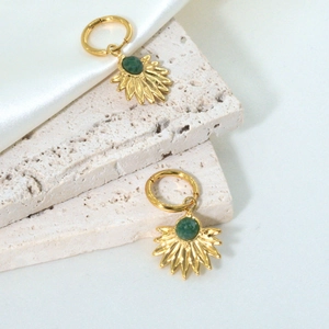 Bohemian gold hoop earrings with faceted green natural stone sunflower pendants