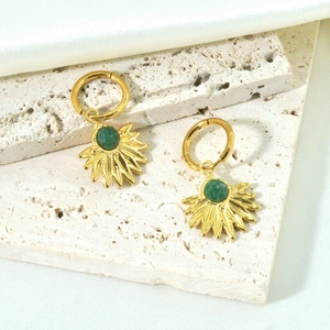 Detail of 14K gold plated fan leaf earrings with faceted green gemstone inlay