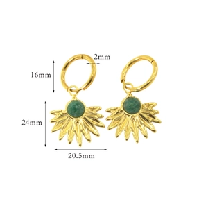 Golden hoop earrings with green gemstone leaf pendant featuring detailed size measurements
