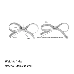 Silver bow stud earrings in stainless steel with snake chain texture detail