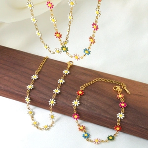 Stainless Steel Daisy Flower Necklace Bracelet For Women 18K Gold Plated Enamel Colorful White Floral Chain Jewelry Gift