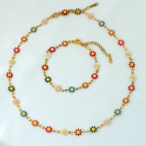 18k gold plated stainless steel necklace and bracelet set with colorful daisy charms