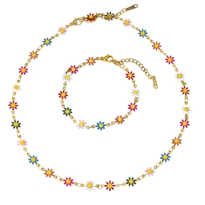 18k gold plated titanium steel jewelry set with colorful daisy flower chain charms