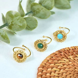 Bohemian Vintage Gold Plated Stainless Steel Open Ring Natural Inlaid Tiger Eye Turquoise African Jade Filigree Adjustable Rings Jewelry