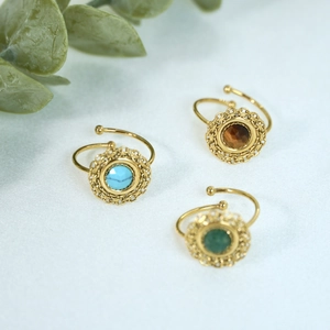 Bohemian gold plated adjustable rings with turquoise, tiger eye and green agate stones
