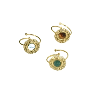 Bohemian adjustable gold rings with colorful natural stones and intricate woven borders