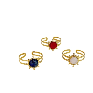 Bohemian adjustable stainless steel rings with colorful round natural stones set in gold