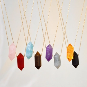 Minimalist Stainless Steel Natural Stone Pendant Necklace Hexagonal Pillar Amethyst Rose Quartz Crystal Jewelry For Women