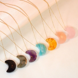 Minimalist stainless steel necklaces with colorful crescent moon gemstone pendants