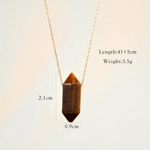 Detail view of tiger eye stone pendant with size labels 2.1cm by 0.9cm on golden chain