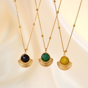 Boho 14K Vergoldete Edelstahl Naturstein Fächer Anhänger Halskette Vintage Geometrischer Schmuck Für Damen Geschenk