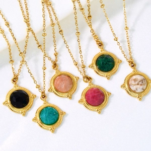 Französische Retro Edelstahl Naturstein Anhänger Halskette Für Damen 14K Vergoldet Geometrisch Rund Bohemia Schmuck