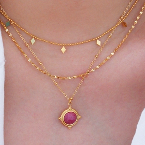 Französische Vintage 14K vergoldete Edelstahl Halskette mit bunten Natursteinen mehrlagig