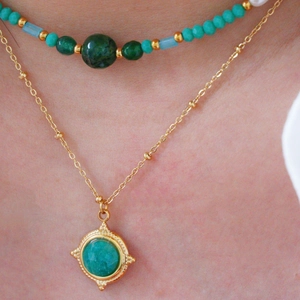 Französische Vintage-Halskette aus Edelstahl mit Amazonit und 14K Goldbeschichtung