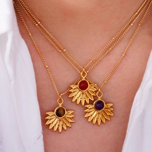 Collana con Pendente Girasole in Pietra Naturale Bohemienne Lega Placcata Oro Ametista Agata Rossa Occhio di Tigre Donna