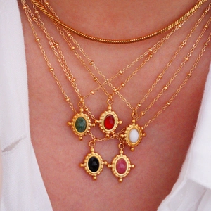 Vintage Gold Plated Stainless Steel Natural Stone Necklace Earring Court Style Oval Red Agate Black Onyx Elegant Jewelry Women Accessories