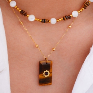 Retro square natural stone layered necklace with gold tiger eye pendant and pearl beads