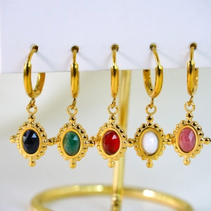 European vintage 14K gold plated hoop earrings with multi-colored faceted natural stones