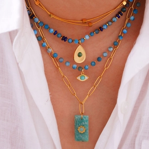 Layered 14K gold stainless steel necklace with Amazonite stones and evil eye pendant