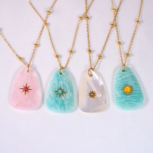 Waterdrop natural stone necklace with 14K gold sunburst design and beaded chain for women