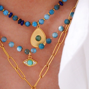 Layered 14K gold plated stainless steel necklace with amazonite beads and drop pendant