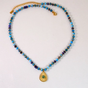 Detail of Amazonite beaded necklace with 14K gold teardrop pendant and lobster clasp