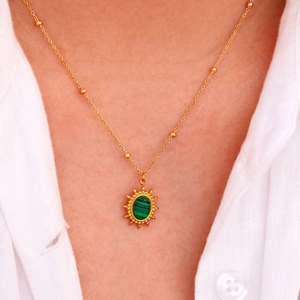 Collana bohémien in acciaio inossidabile placcato oro 14K con ciondolo in malachite