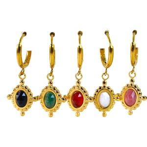 European court style jewelry set with multi-color gemstone pendants on gold hoops