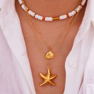 Ozean Seestern Muschel Lagenkette Für Damen Edelstahl 14K Vergoldet Heishi Perlen Strang Halskette Schmuck Sommer Strand Geschenk