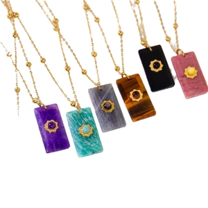 French vintage titanium steel square natural stone pendant necklaces in six colors