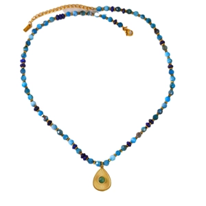 Blue amazonite beaded necklace with 14K gold plated droplet pendant and green gemstone
