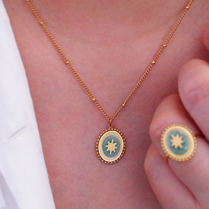 French vintage gold necklace with blue stone oval star pendant and matching ring set