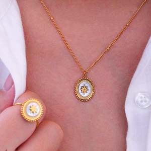 French vintage titanium steel 14k gold necklace with oval star and natural stone pendant