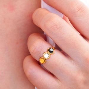 14K gold plated stainless steel open ring with yellow white and black shell inlay