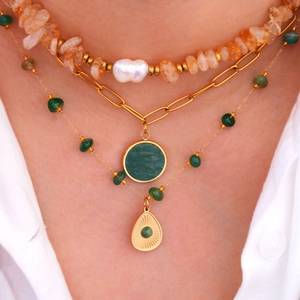14K Vergoldete Edelstahl Halskette Für Damen Naturstein Afrikanische Jade Citrin Künstliche Barockperle Anhänger Böhmischer Vintage Schmuck