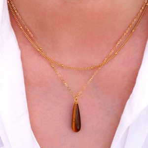 Minimalistische Edelstahl Doppel-Halskette mit Tigerauge-Anhänger in Tropfenform