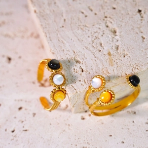14K gold plated stainless steel open ring with natural shell inlay in black and white