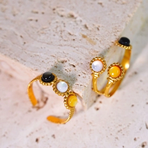 14K gold-plated stainless steel open ring featuring black, white, and yellow shell inlay