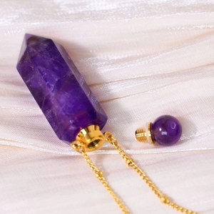 Natural amethyst hexagonal prism perfume bottle necklace with elegant gold chain