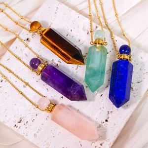Natural crystal hexagonal perfume bottle necklaces in tiger eye, amethyst and quartz