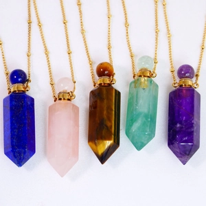 Natural crystal perfume bottle necklaces in hexagonal shape with golden beaded chains